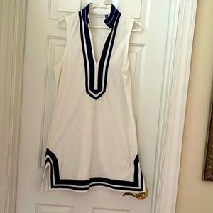 White Terry cloth coverup navy blue details  small slits with trim.